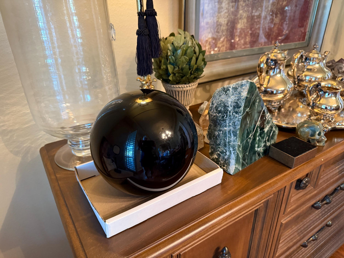 21.65 lbs. Black Obsidian Sphere, New, Natural, High Vibration crystals, crystal healing, beautiful carving stone
