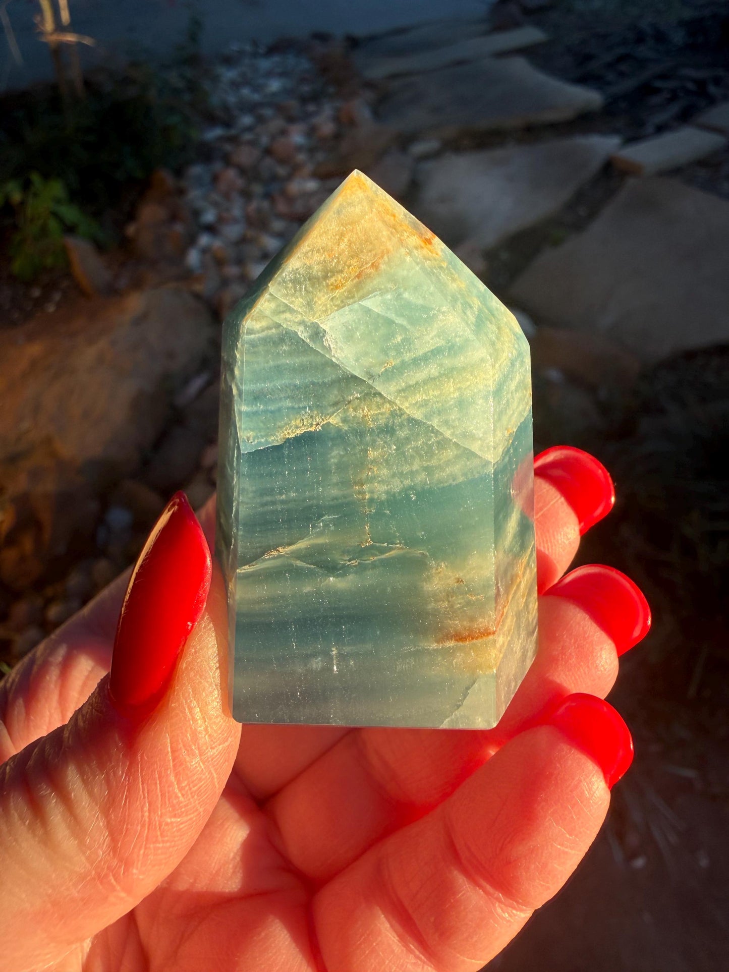 Splendid AAA Lemurian Aquatine Tower, palm stone, blue onyx, high vibration crystals, gifts, 2”