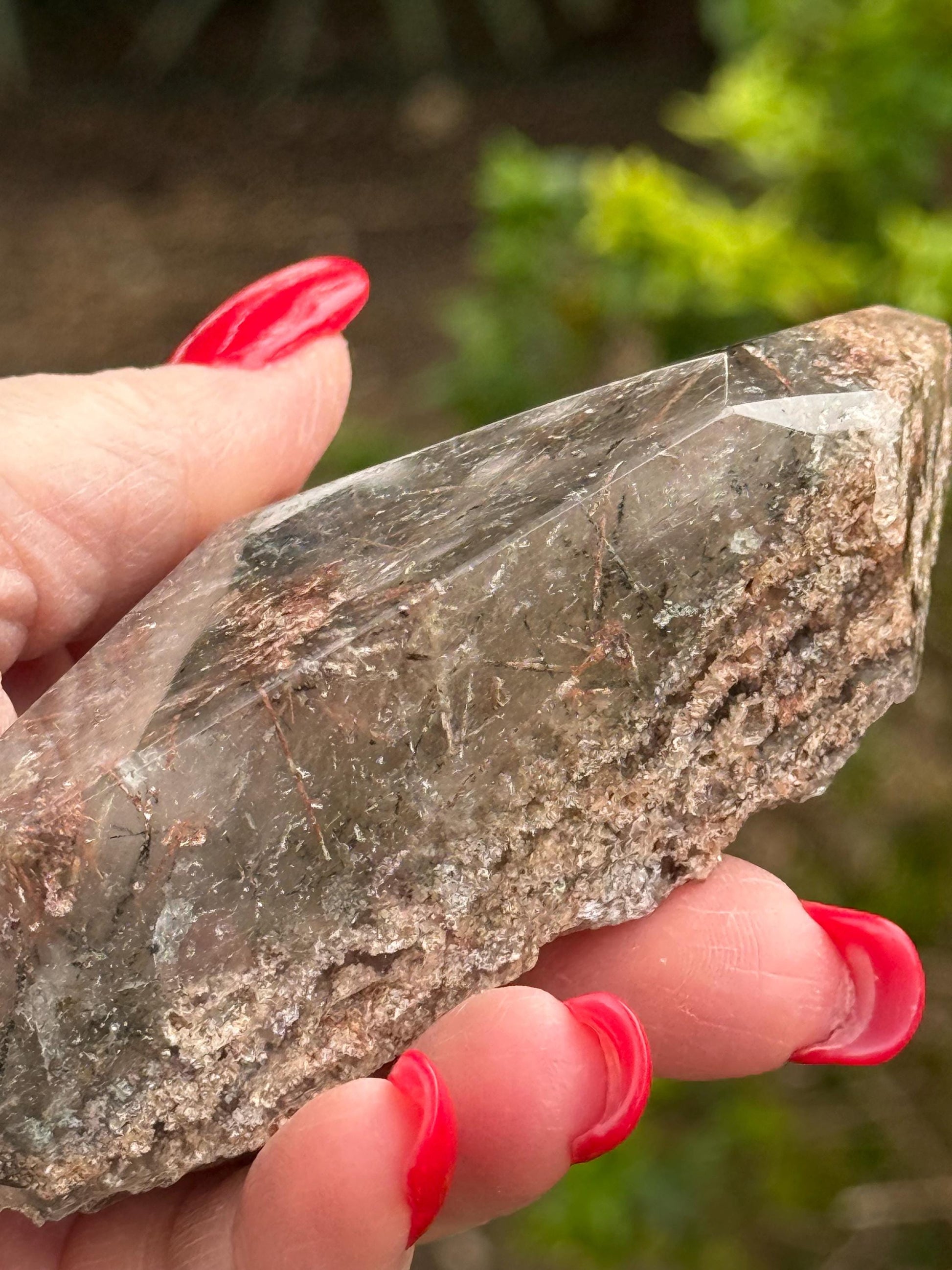 Rutile Quartz, 4.25” with coppery rutiles, polished side geometric, altar, high vibration crystal healing
