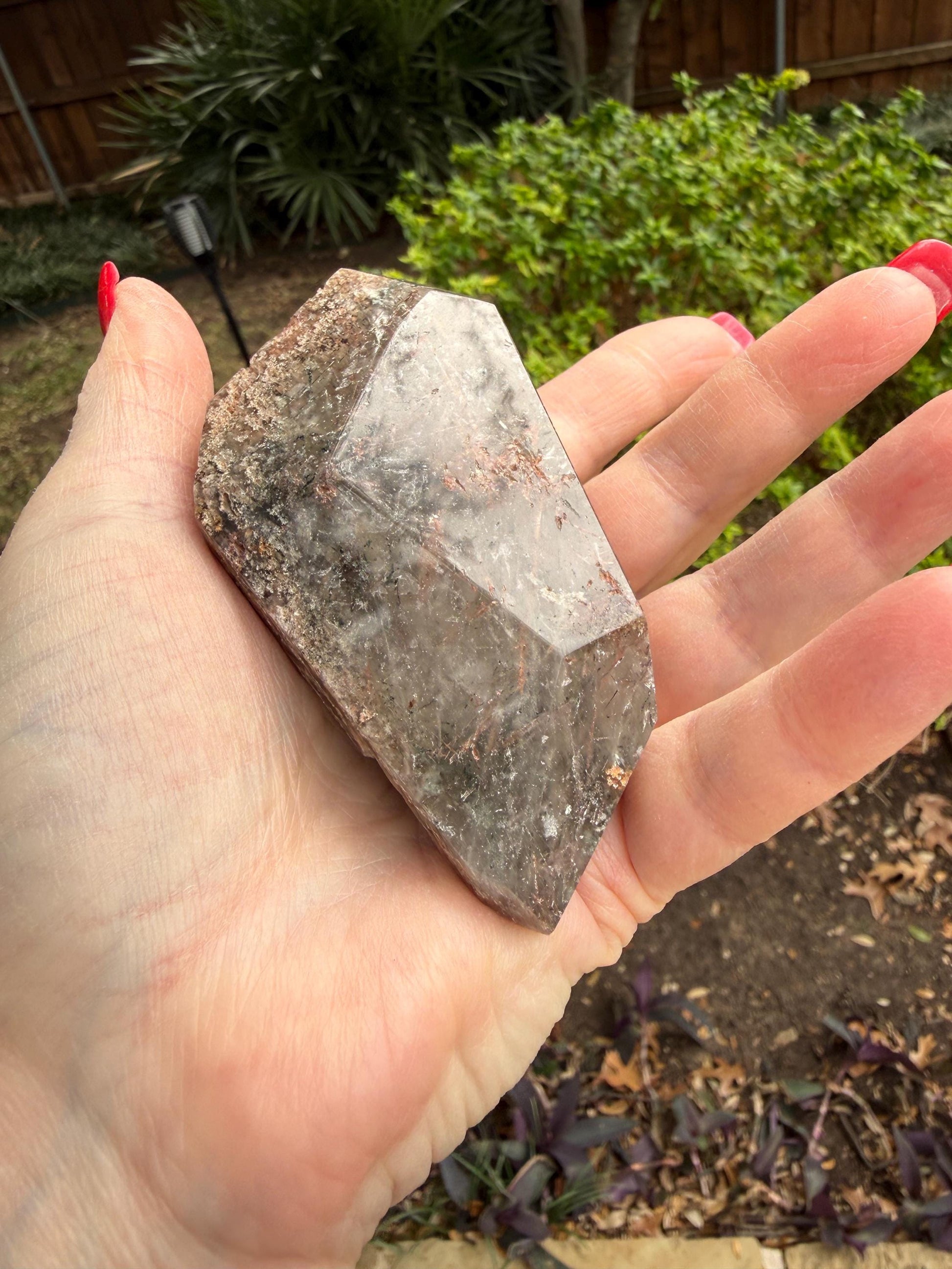 Rutile Quartz, 4.25” with coppery rutiles, polished side geometric, altar, high vibration crystal healing