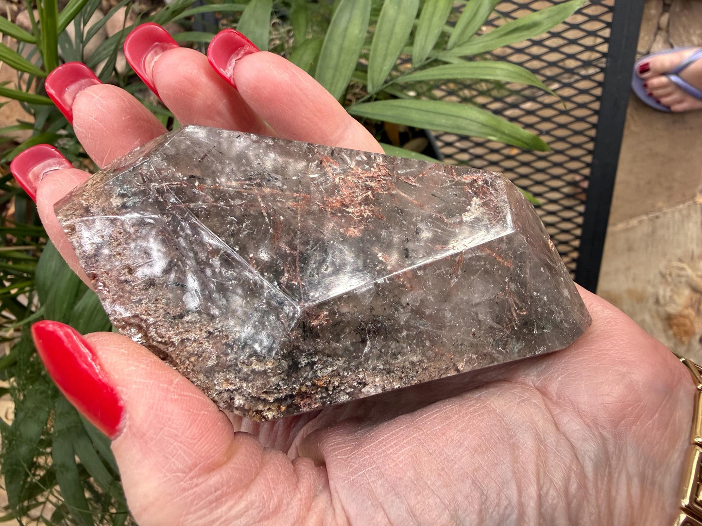 Rutile Quartz, 4.25” with coppery rutiles, polished side geometric, altar, high vibration crystal healing