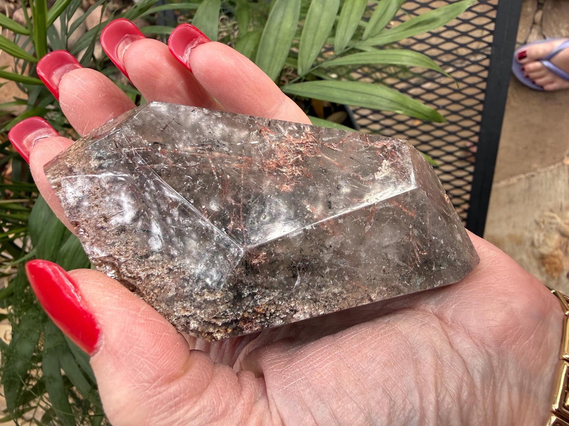 Rutile Quartz, 4.25” with coppery rutiles, polished side geometric, altar, high vibration crystal healing