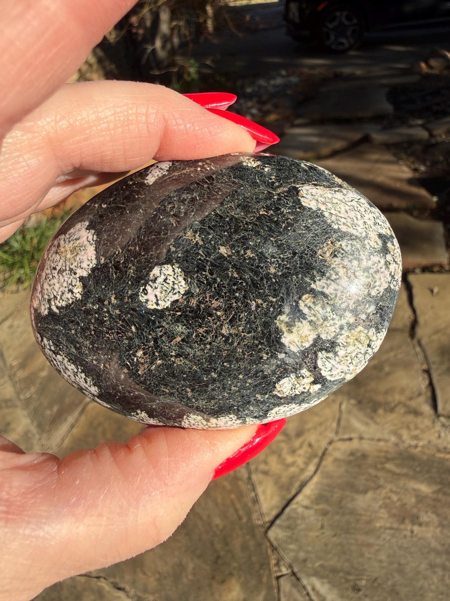 Extra-Large Snowflake Obsidian Palm Stone, 3.1”, gift, altar, high frequency crystals