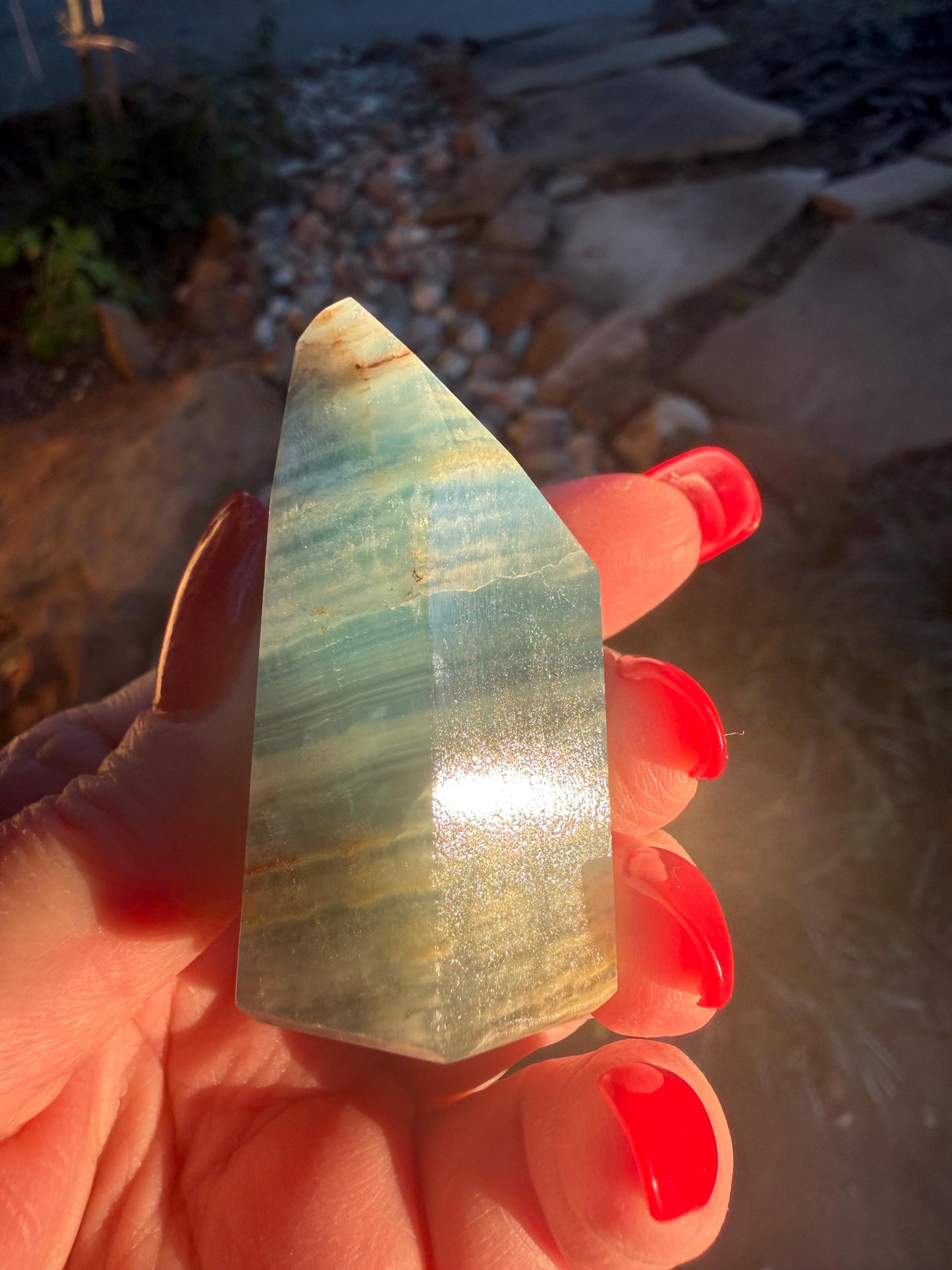 Splendid AAA Lemurian Aquatine Tower, palm stone, blue onyx, high vibration crystals, gifts, 2”