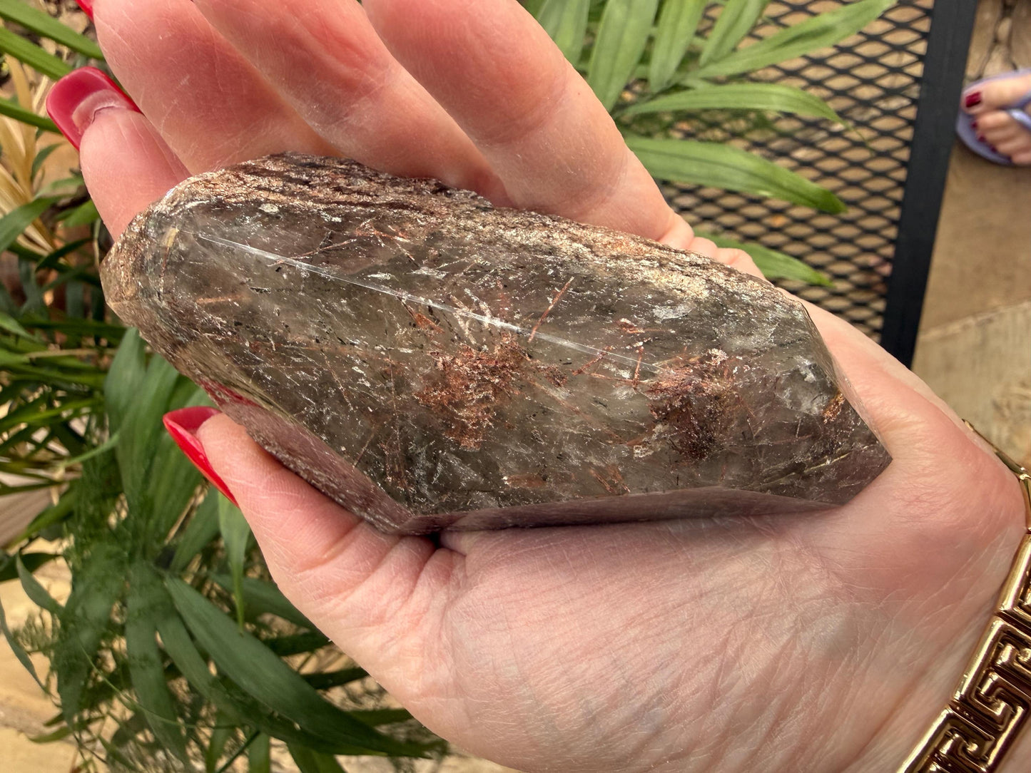 Rutile Quartz, 4.25” with coppery rutiles, polished side geometric, altar, high vibration crystal healing