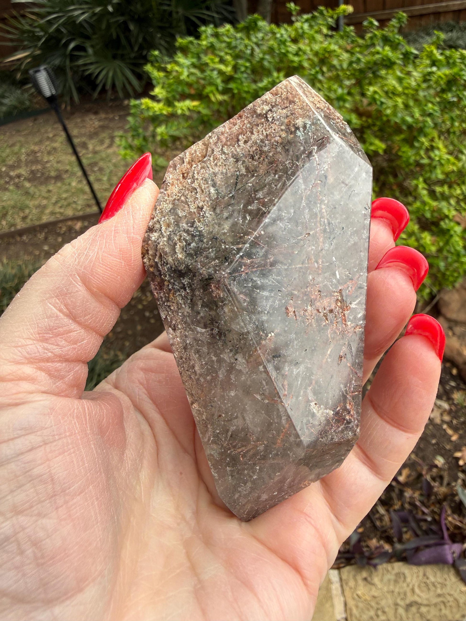 Rutile Quartz, 4.25” with coppery rutiles, polished side geometric, altar, high vibration crystal healing