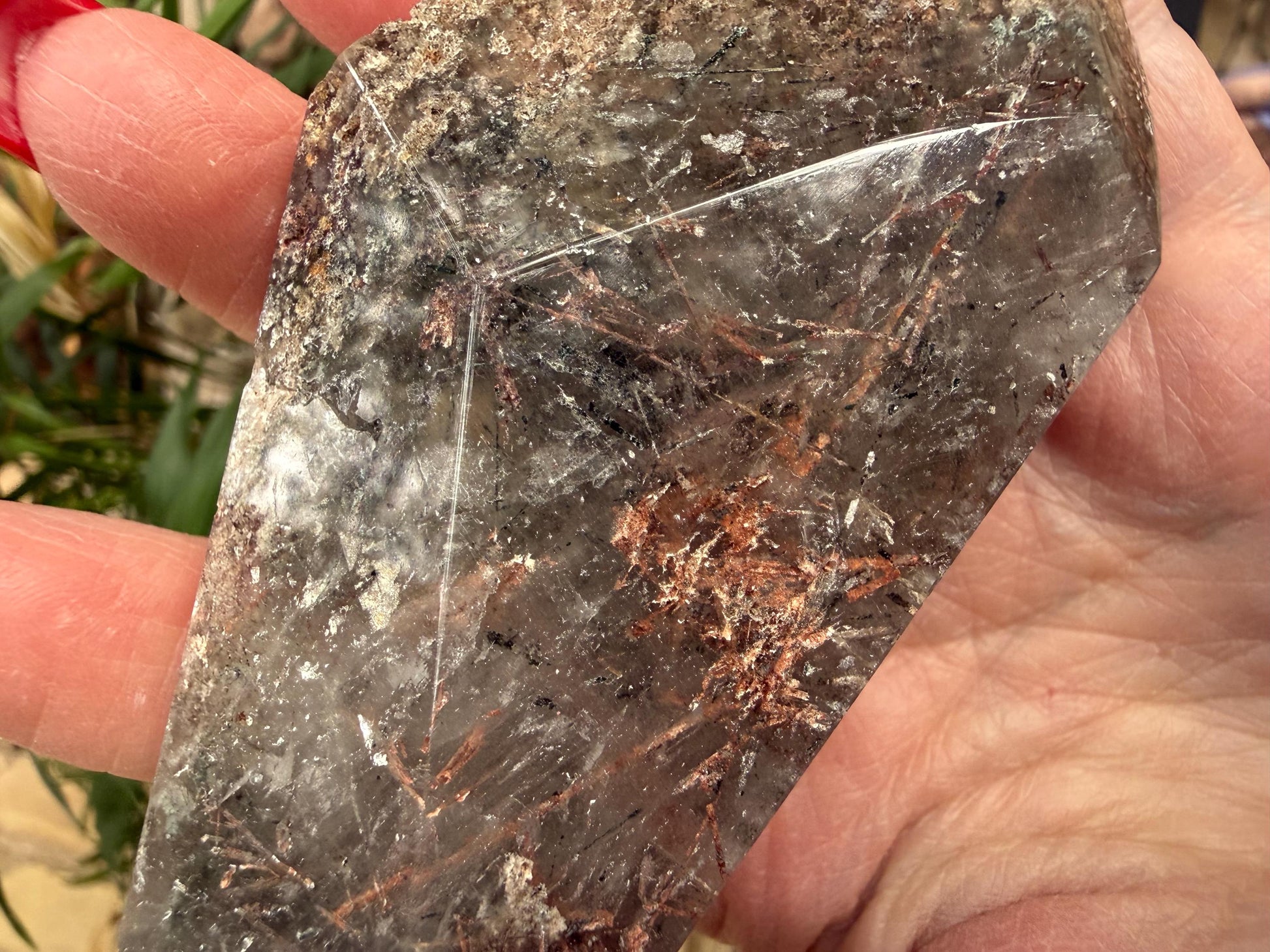 Rutile Quartz, 4.25” with coppery rutiles, polished side geometric, altar, high vibration crystal healing