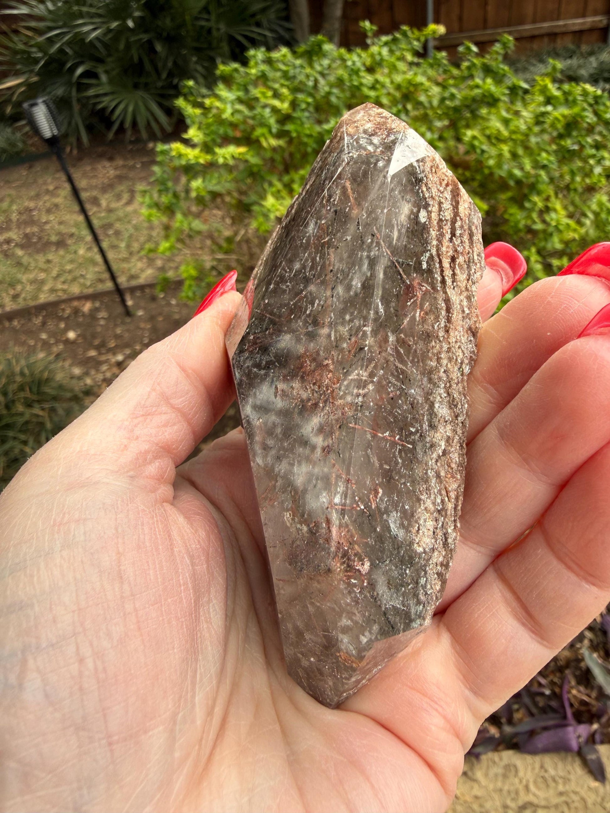 Rutile Quartz, 4.25” with coppery rutiles, polished side geometric, altar, high vibration crystal healing