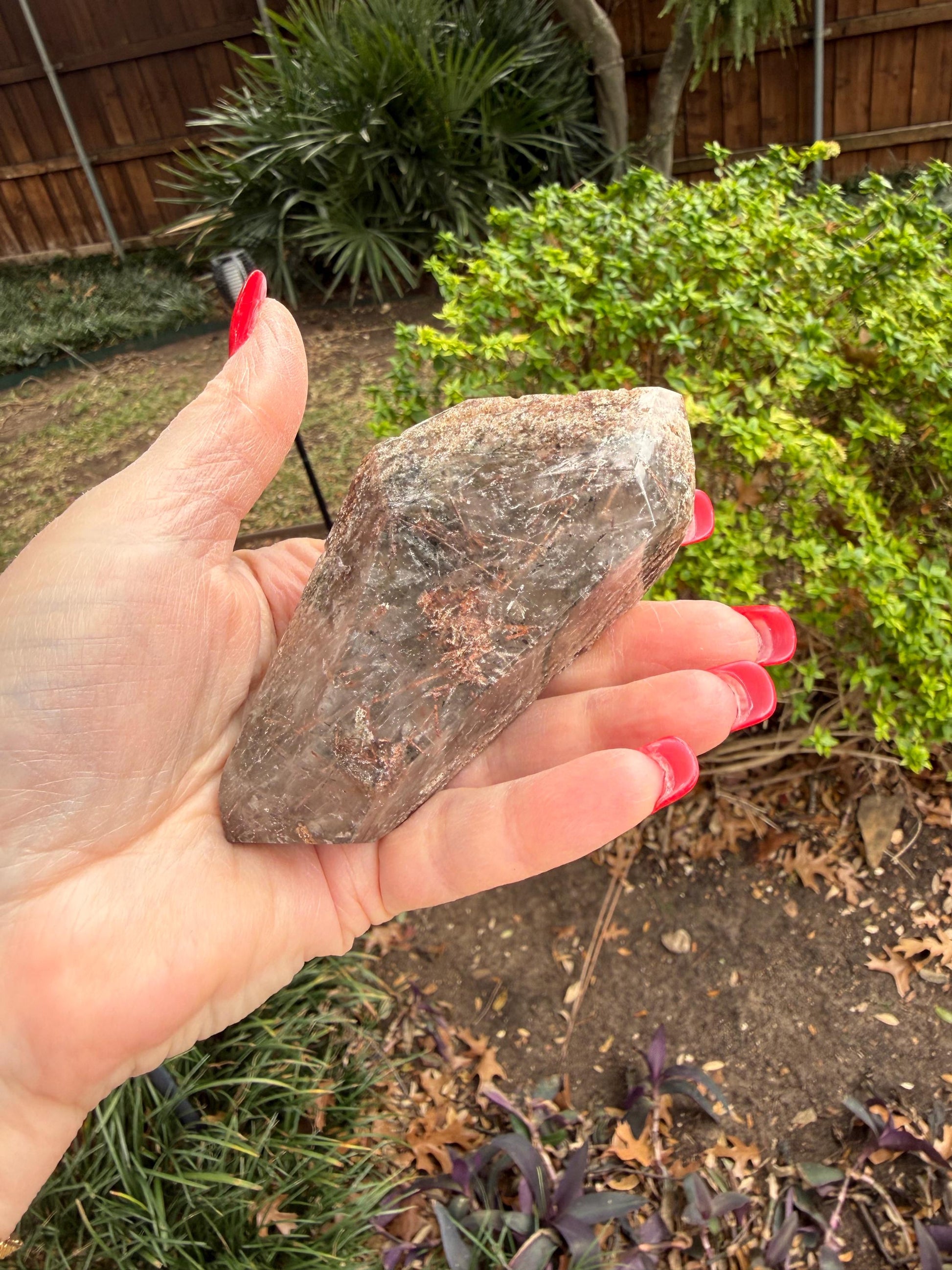 Rutile Quartz, 4.25” with coppery rutiles, polished side geometric, altar, high vibration crystal healing