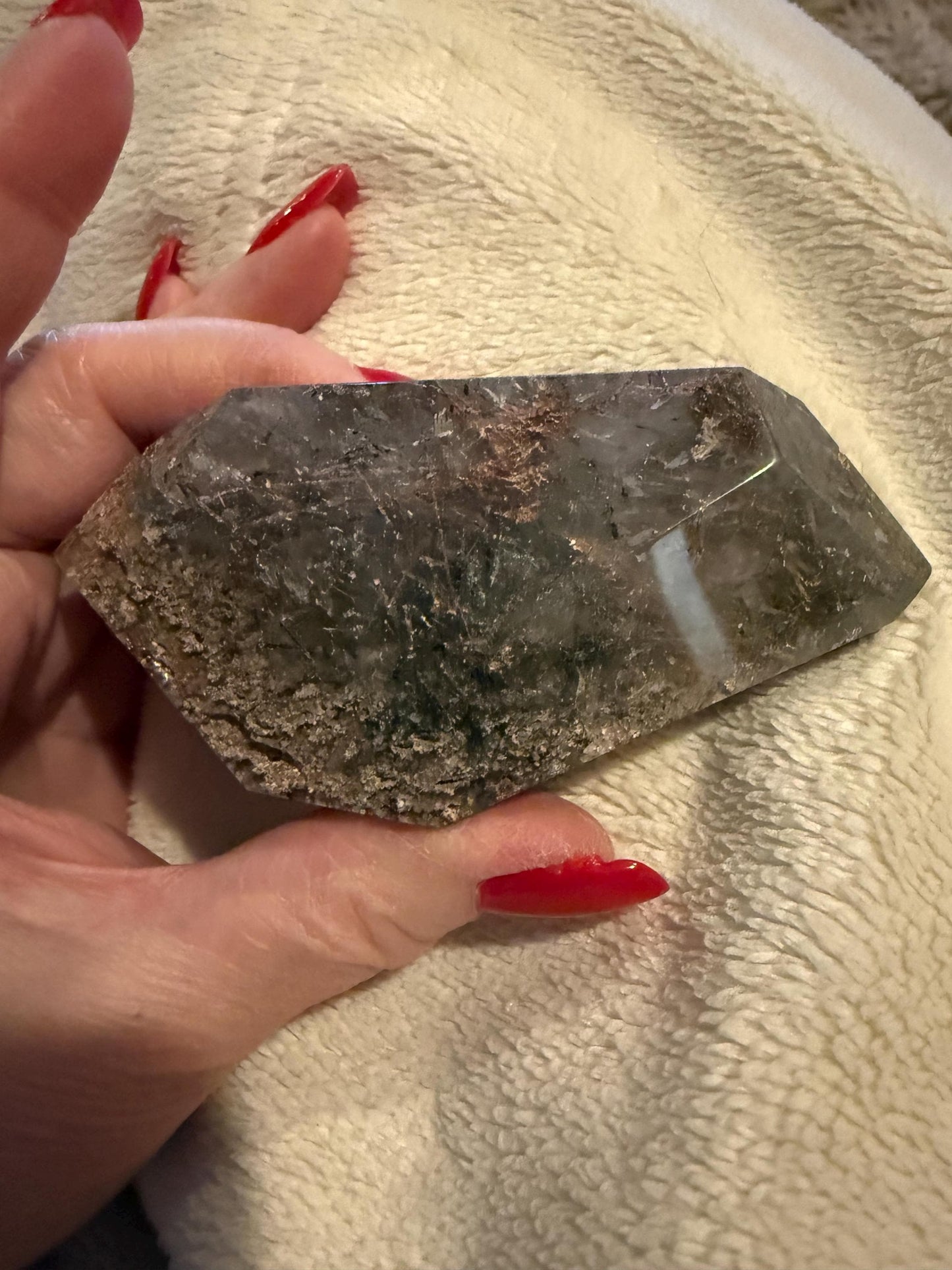 Rutile Quartz, 4.25” with coppery rutiles, polished side geometric, altar, high vibration crystal healing