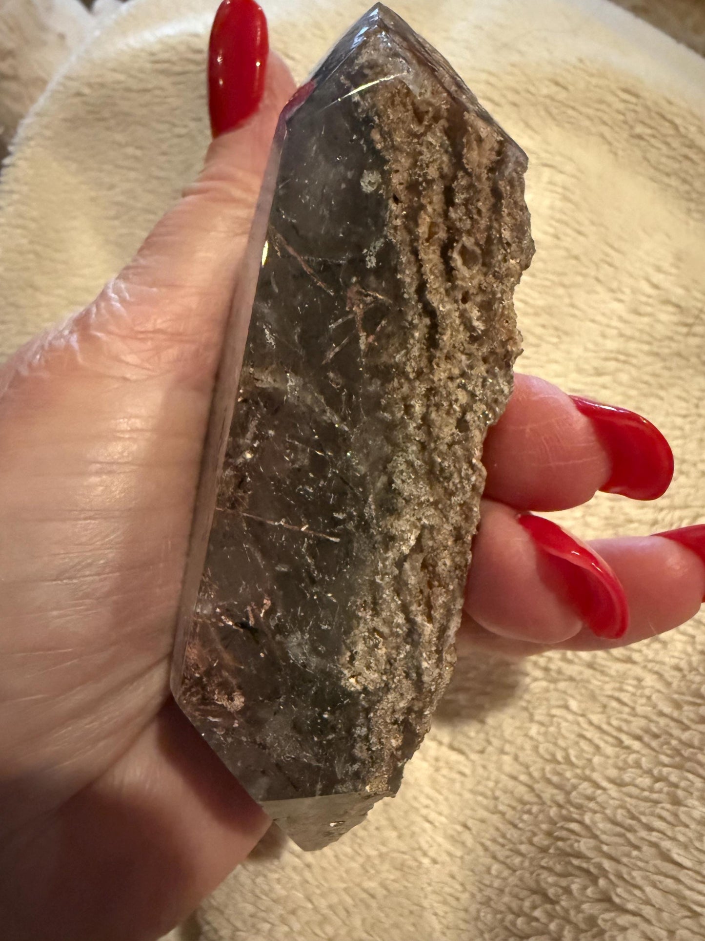 Rutile Quartz, 4.25” with coppery rutiles, polished side geometric, altar, high vibration crystal healing