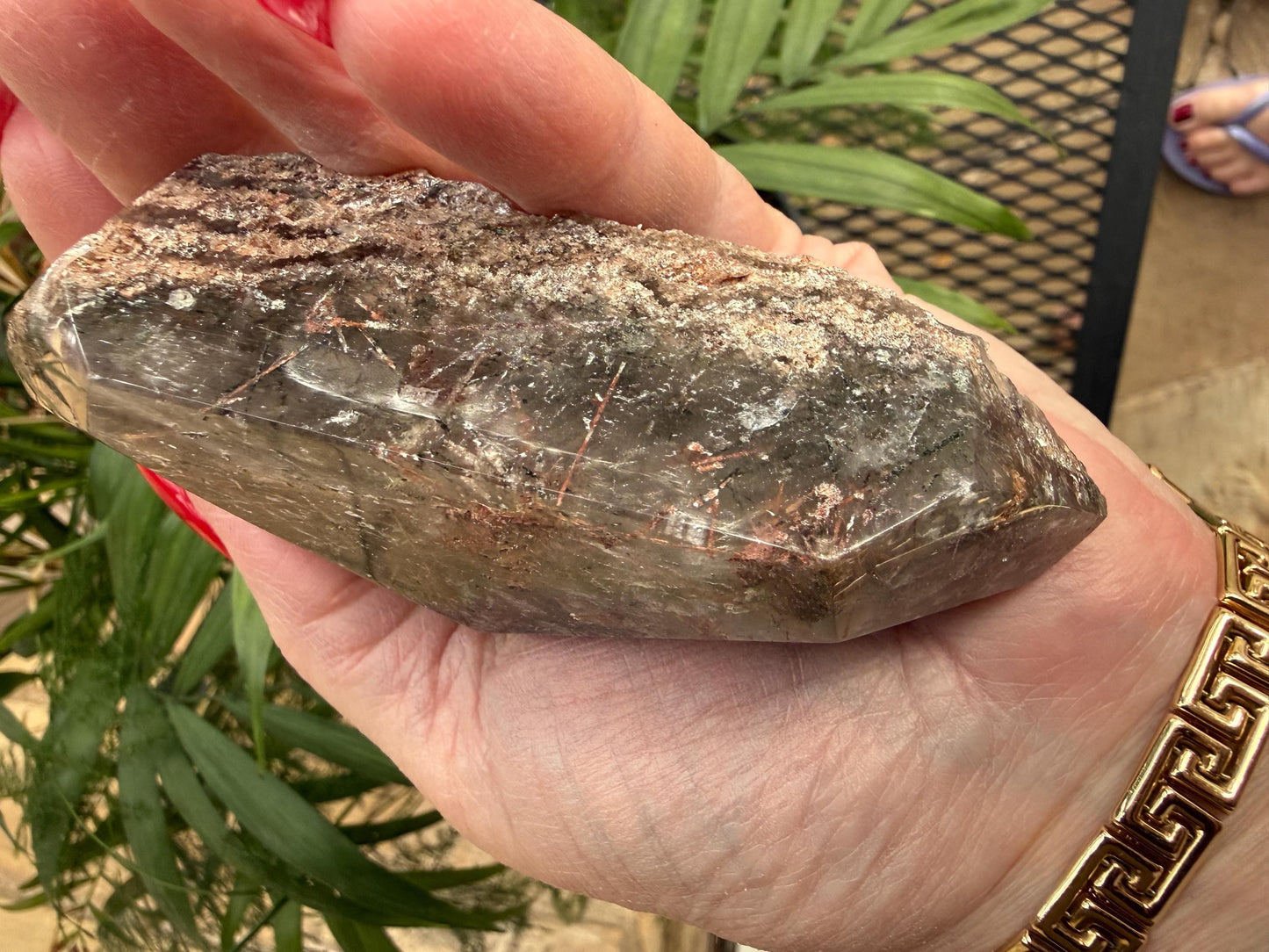 Rutile Quartz, 4.25” with coppery rutiles, polished side geometric, altar, high vibration crystal healing