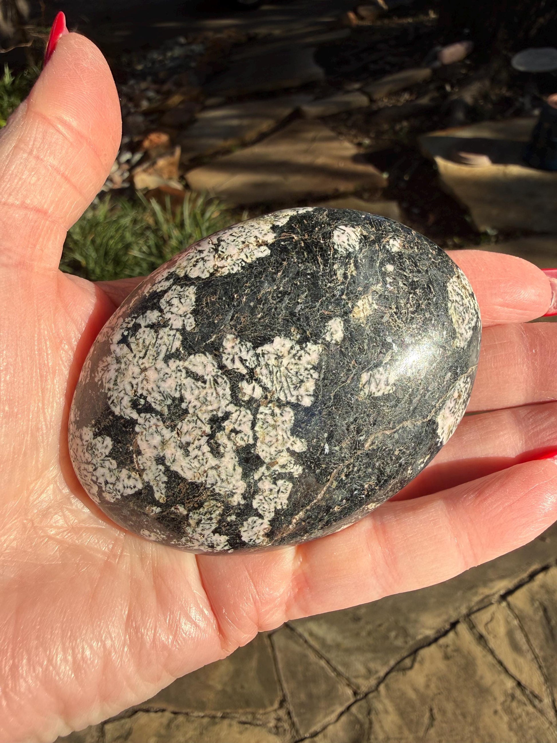 Extra-Large Snowflake Obsidian Palm Stone, 3.1”, gift, altar, high frequency crystals