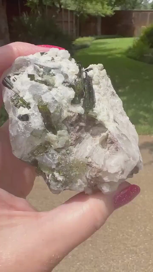 Large Green Tourmaline in Quartz with Lepidolite sugar bed, stunning raw altar piece 10 oz sparkly fairy bed, high vibration crystals, 3.5”