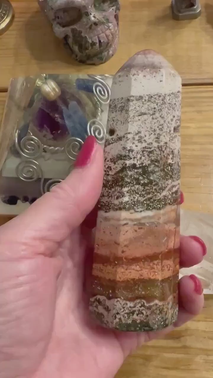 Ocean Jasper Tower, New, beautifully carved for altars, gifts, crystal healing, high vibration crystals, 4.75”